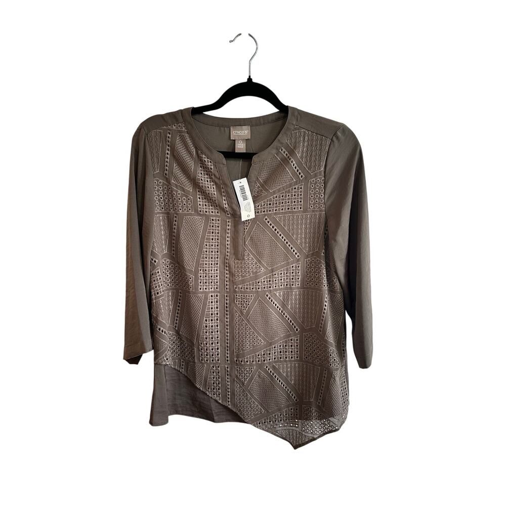 Chico's NWT Taupe Brown Textured Blouse Asymmetric Hem Sz 0/ US S Tiny Pick